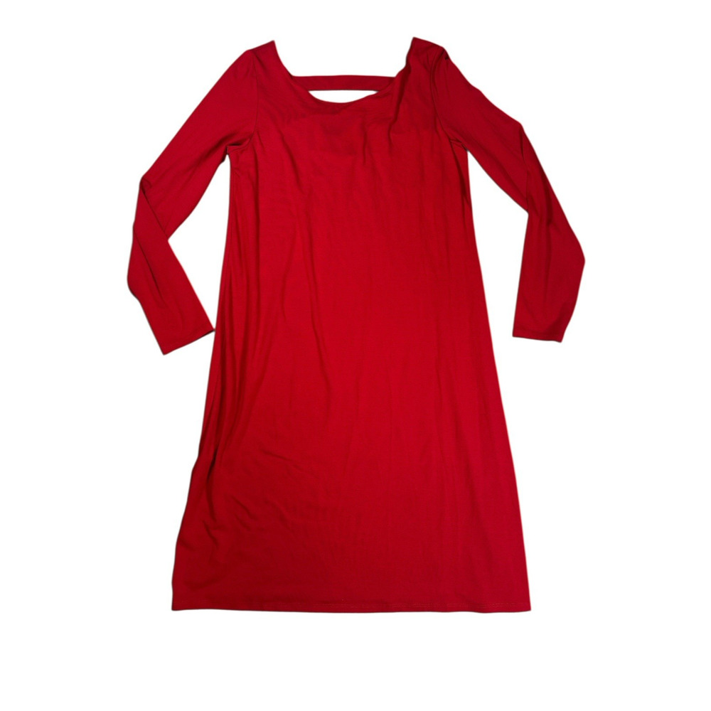 Eileen Fisher Knee Length Dress M Red Long Sleeve Keyhole Stretch Casual